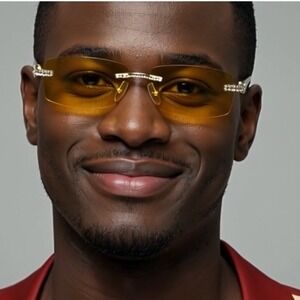 Rhinestone Rimless Sunglasses Yellow Lens Fashion Tinted Glasses Trendy Rapper‎